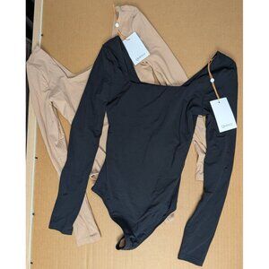 Quince 2-Second Skin Square Neck Long Sleeve Bodysuits Mocha/Black Women XS -NEW